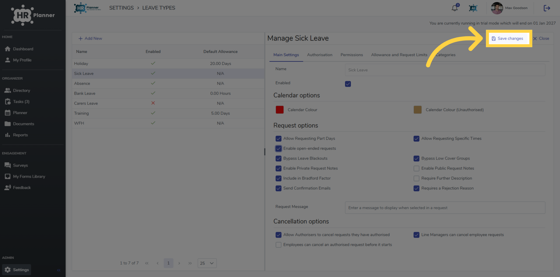 Save Leave Type Changes